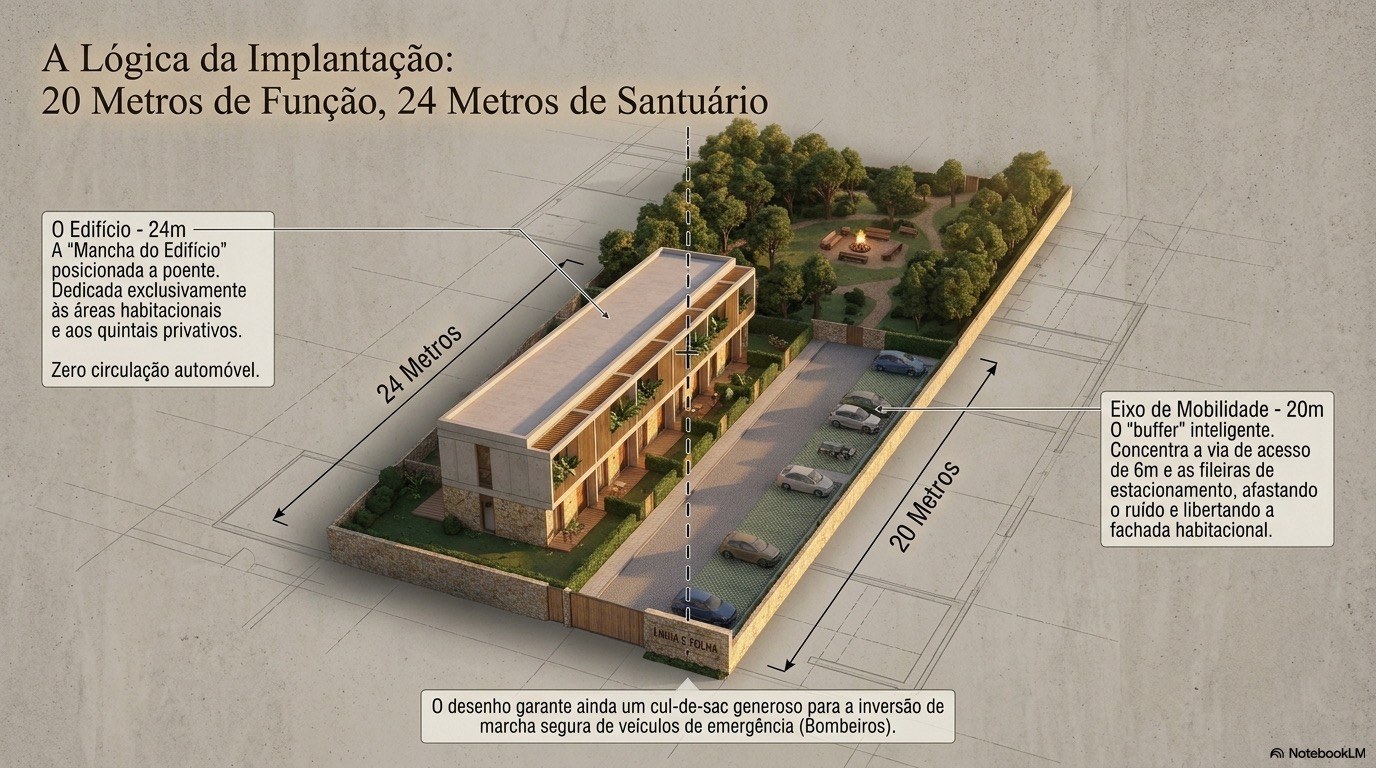 Implantação isométrica do edifício e eixo de mobilidade